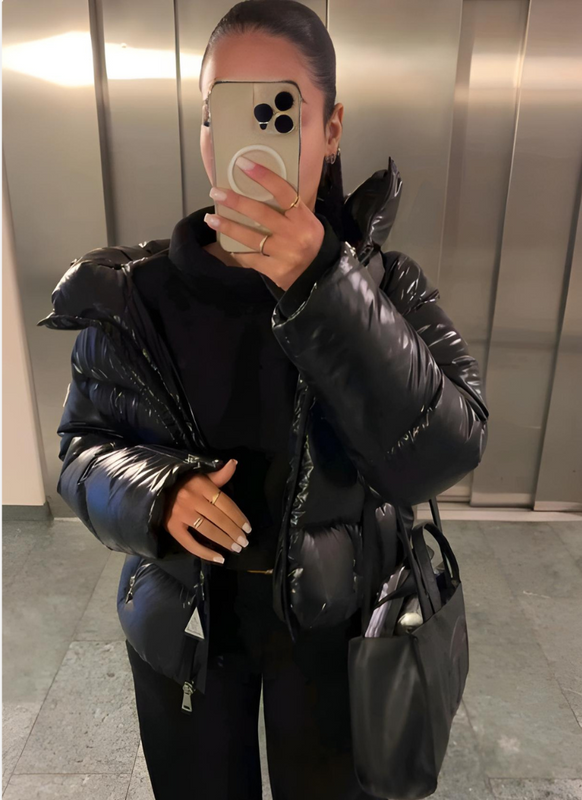 NOUVEAU RICHE Damen Glanz Pufferjacke Mit Kapuze Kurz Modern Stilvoll Für Kalte Tage