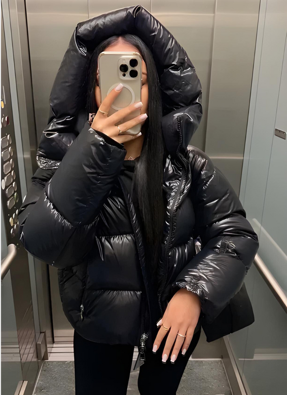 NOUVEAU RICHE Damen Glanz Pufferjacke Mit Kapuze Kurz Modern Stilvoll Für Kalte Tage