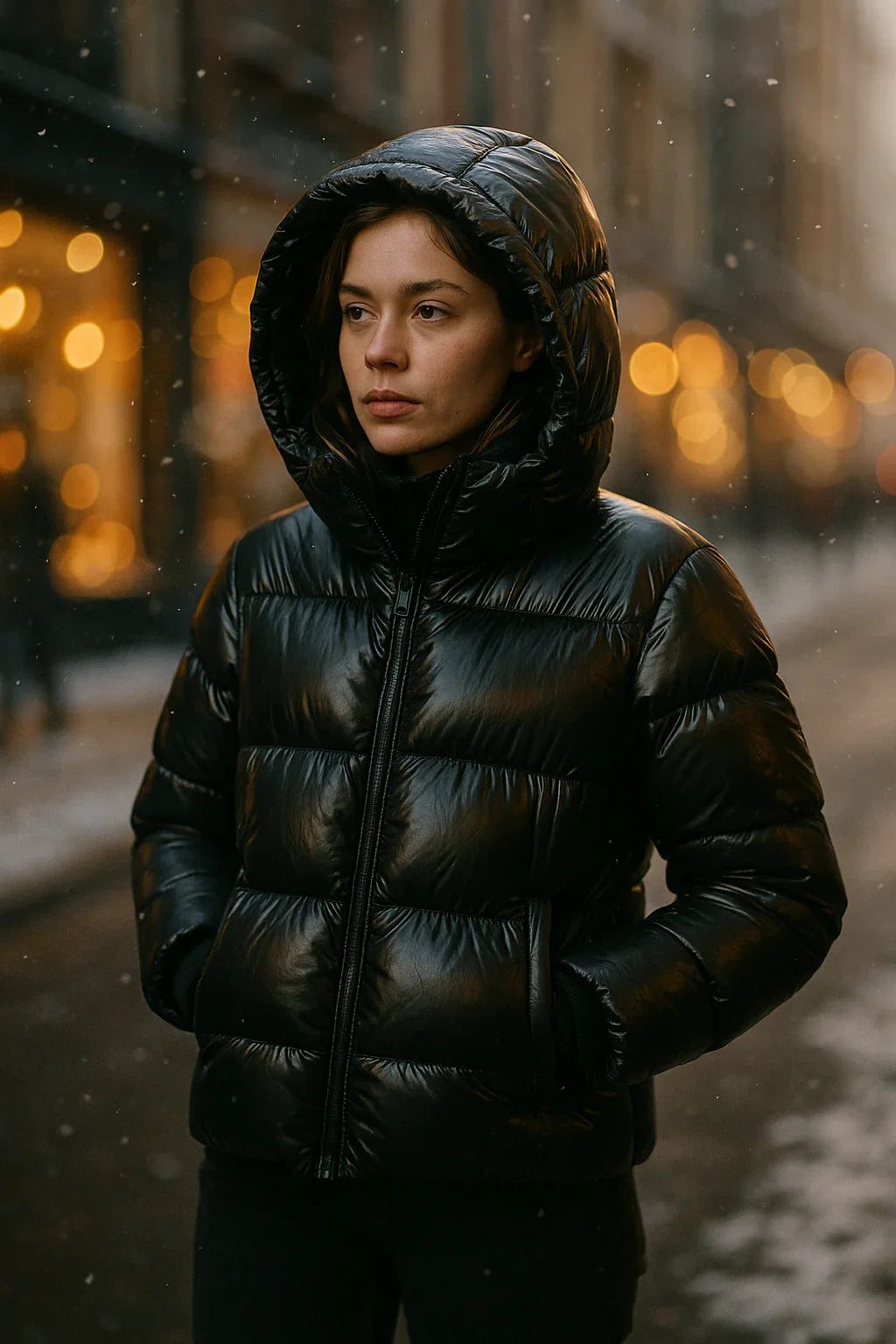 NOUVEAU RICHE Damen Glanz Pufferjacke Mit Kapuze Kurz Modern Stilvoll Für Kalte Tage