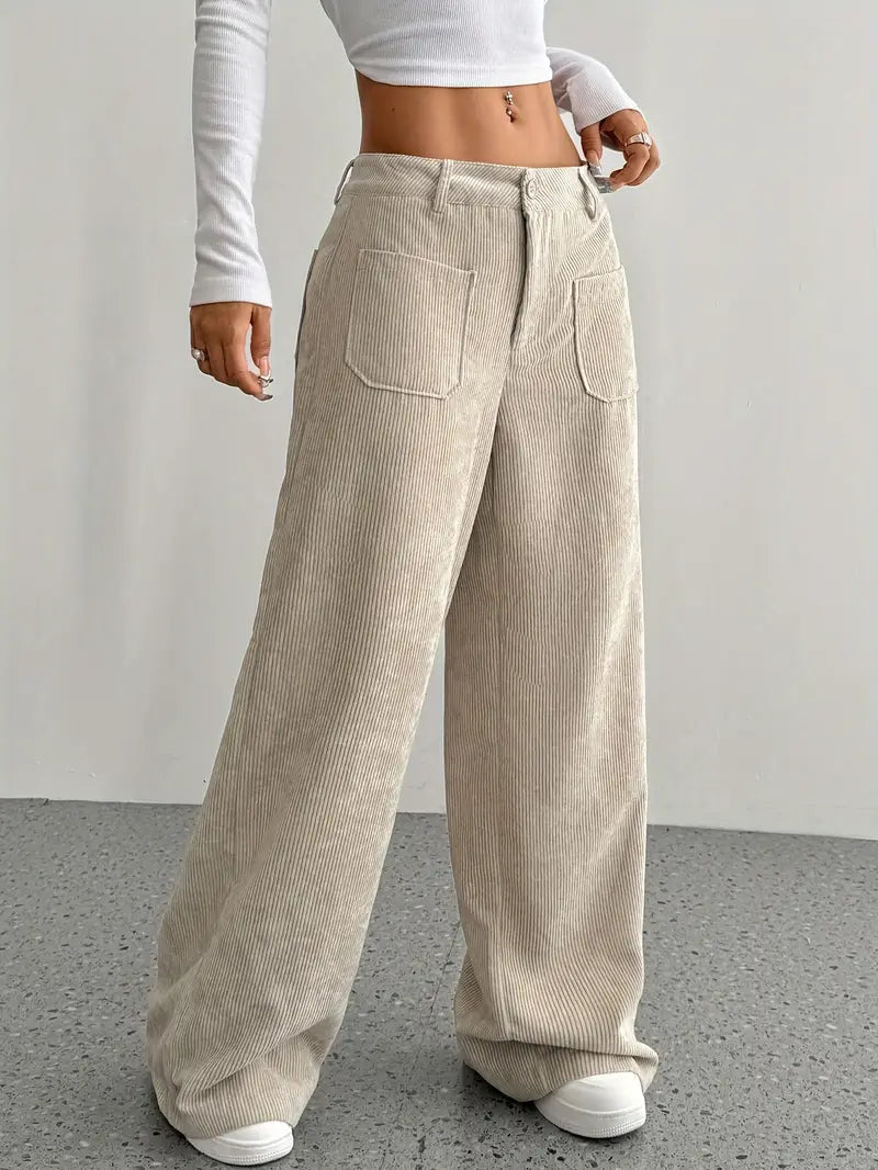 NOUVEAU RICHE Damen Hoch Tailliert Cordhose Weitem Bein Alltag Freizeit Khaki