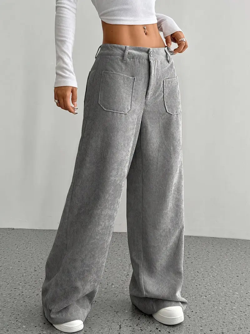 NOUVEAU RICHE Damen Hoch Tailliert Cordhose Weitem Bein Alltag Freizeit Grau