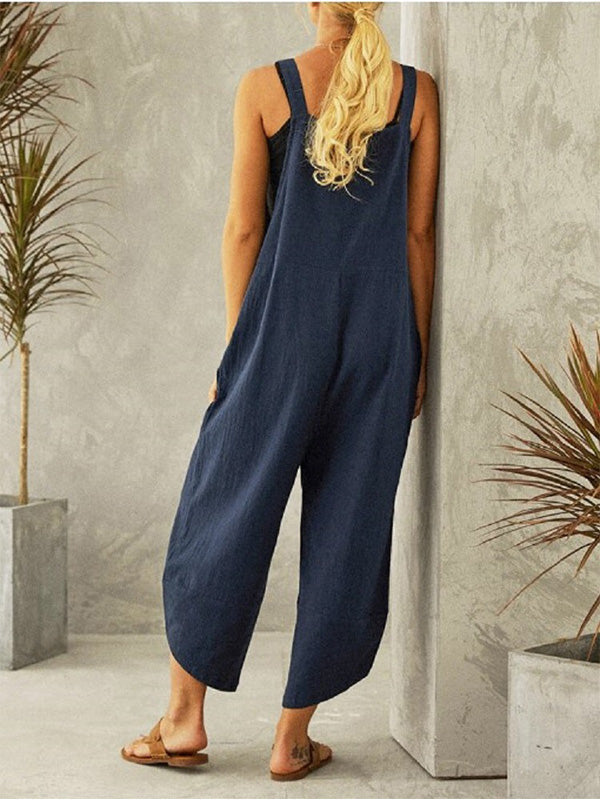 NOUVEAU RICHE Damen Jumpsuit Mit Knöpfen Lässiger Overall Ärmellos Mit Verstellbaren Trägern Zwei Taschen Für Sommerliche Freizeitoutfits