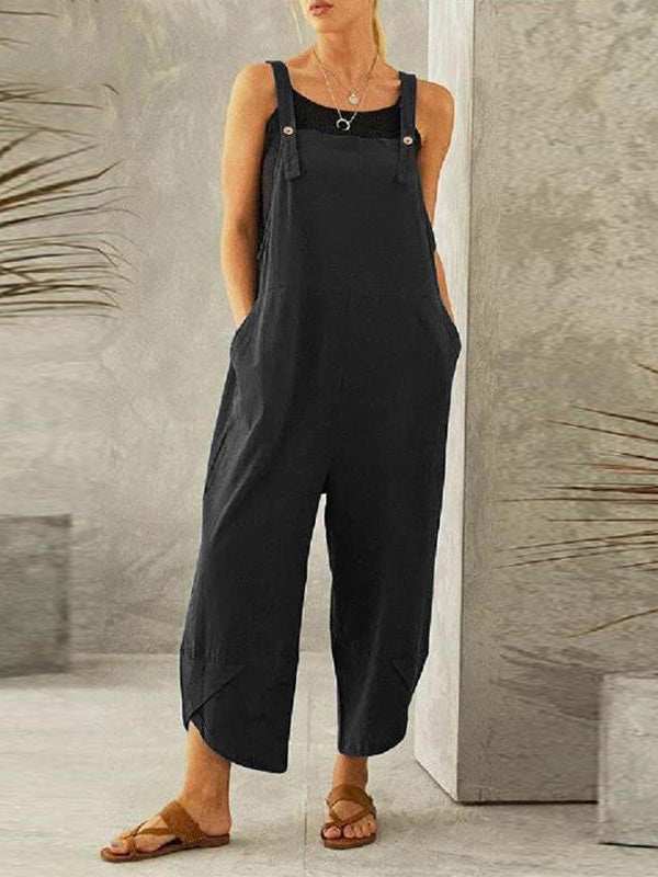 NOUVEAU RICHE Damen Jumpsuit Mit Knöpfen Lässiger Overall Ärmellos Mit Verstellbaren Trägern Zwei Taschen Für Sommerliche Freizeitoutfits Schwarz
