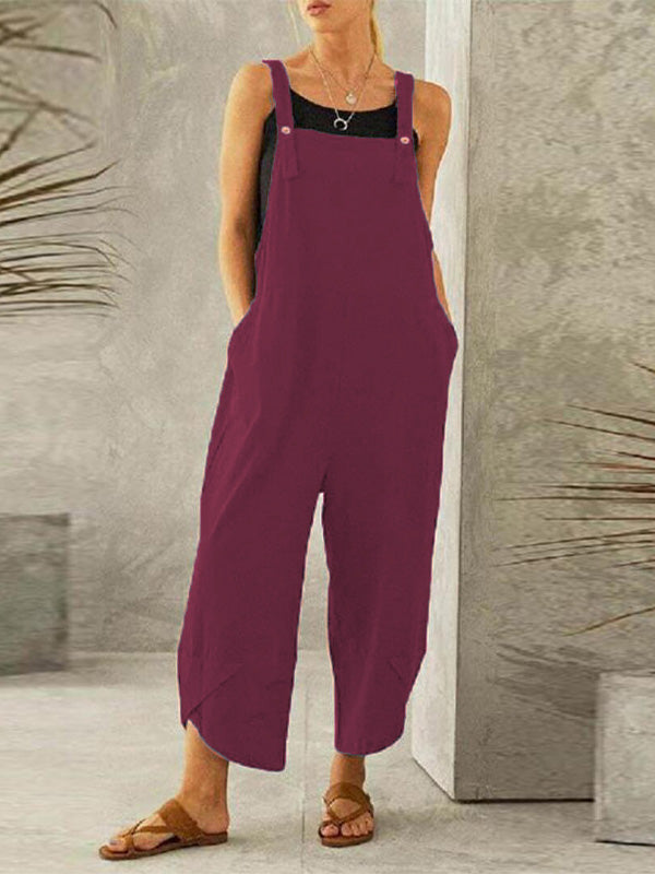 NOUVEAU RICHE Damen Jumpsuit Mit Knöpfen Lässiger Overall Ärmellos Mit Verstellbaren Trägern Zwei Taschen Für Sommerliche Freizeitoutfits Weinrot