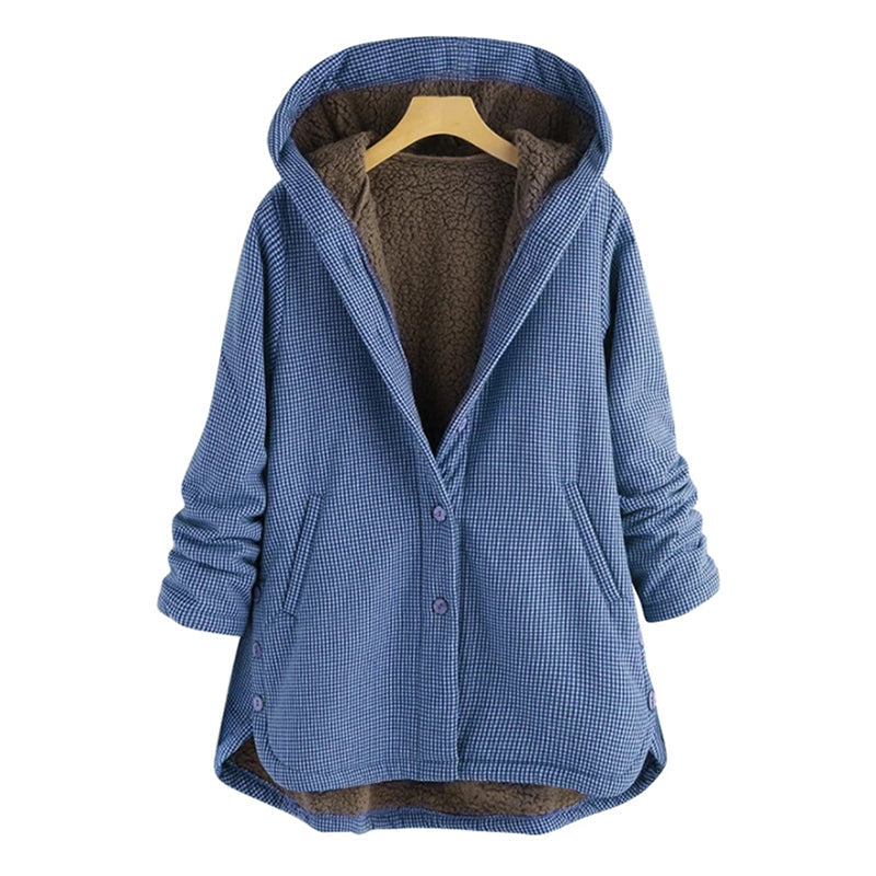 NOUVEAU RICHE Damen Karomantel Mit Knöpfen Und Kapuze Für Gemütlichen Stil Und Wärme Blau