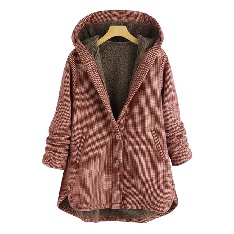 NOUVEAU RICHE Damen Karomantel Mit Knöpfen Und Kapuze Für Gemütlichen Stil Und Wärme Rot