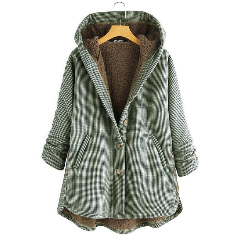NOUVEAU RICHE Damen Karomantel Mit Knöpfen Und Kapuze Für Gemütlichen Stil Und Wärme Grün