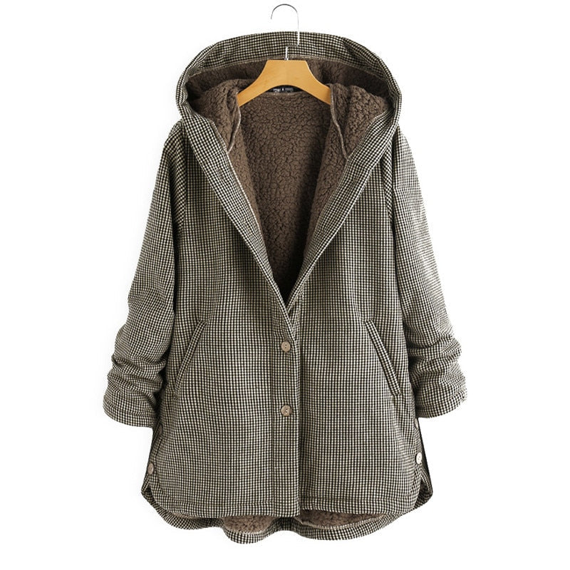NOUVEAU RICHE Damen Karomantel Mit Knöpfen Und Kapuze Für Gemütlichen Stil Und Wärme Braun