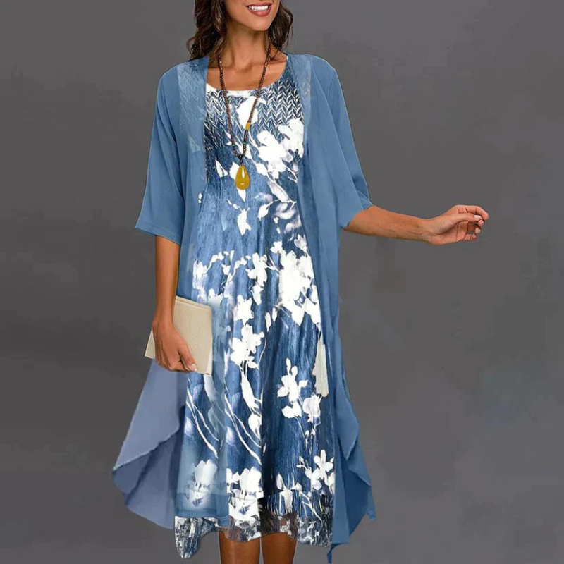 NOUVEAU RICHE Damen Mini Kleid Mit Blumenmuster Und Tailliertem Blazer Blau
