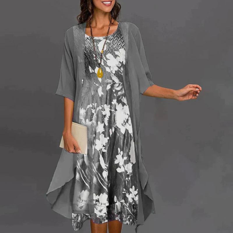 NOUVEAU RICHE Damen Mini Kleid Mit Blumenmuster Und Tailliertem Blazer Silber