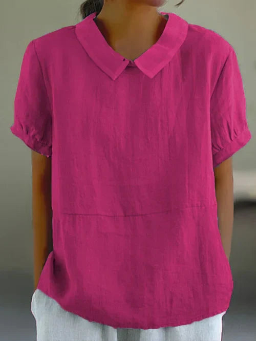NOUVEAU RICHE Damen Kurzarm Freizeitbluse Lockere Passform Kragen Dunkelrosa