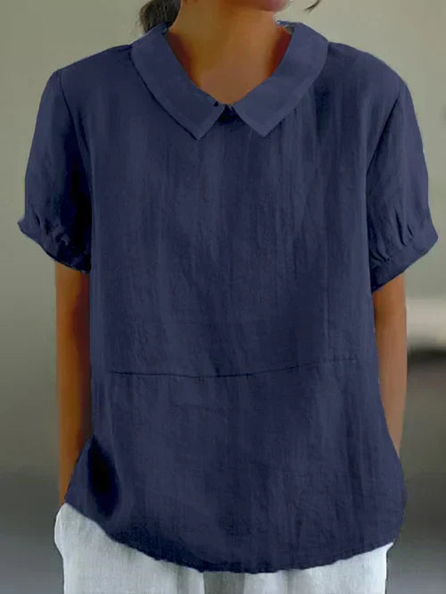 NOUVEAU RICHE Damen Kurzarm Freizeitbluse Lockere Passform Kragen Marineblau