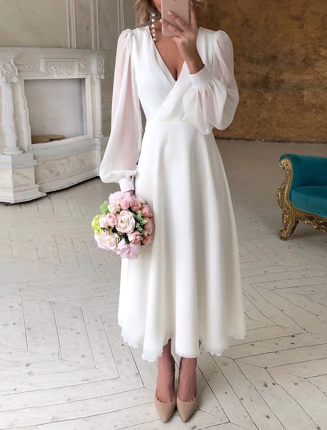 NOUVEAU RICHE Brautkleid Midi Lange Puffärmel Tailliert Für Standesamt Weiß