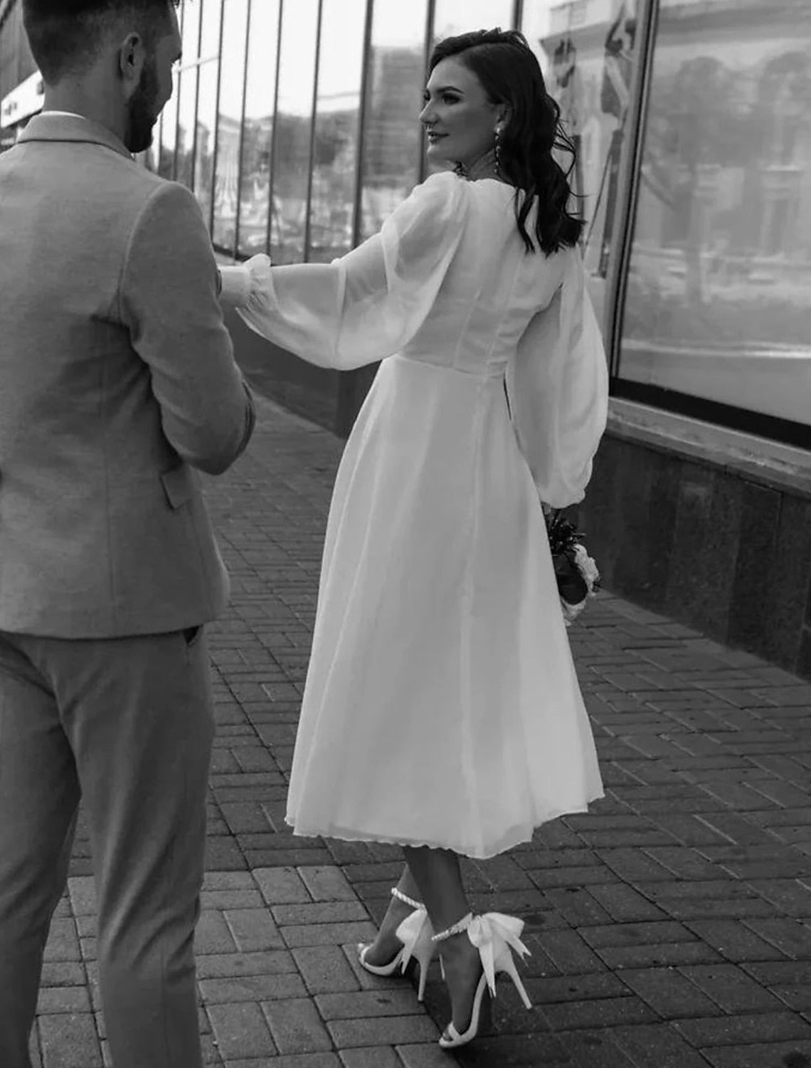 NOUVEAU RICHE Brautkleid Midi Lange Puffärmel Tailliert Für Standesamt