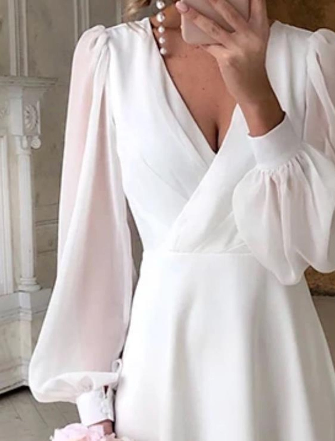 NOUVEAU RICHE Brautkleid Midi Lange Puffärmel Tailliert Für Standesamt