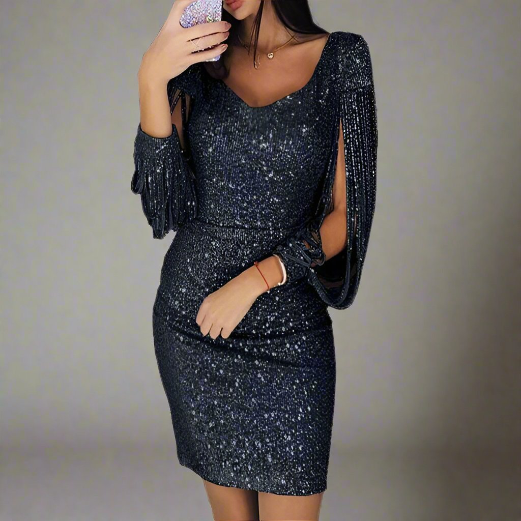 NOUVEAU RICHE Damen-Paillettenkleid Mit V-Ausschnitt Festliche Anlässe Partys Schwarz