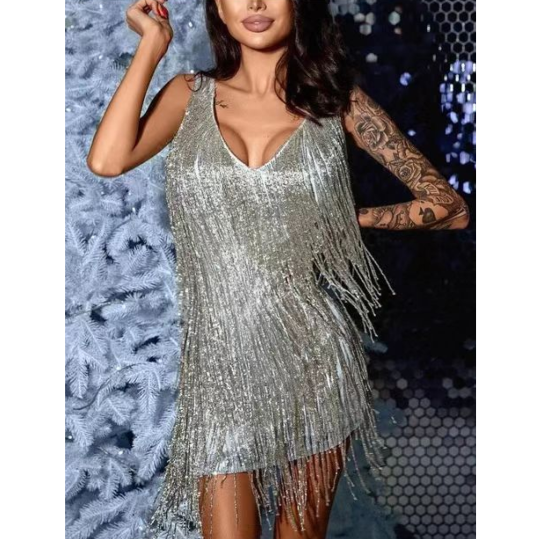 NOUVEAU RICHE Parsha | Damen Partykleid – Tiefer V-Ausschnitt, Verführerische Mini-Länge & Glamour-Look Silber