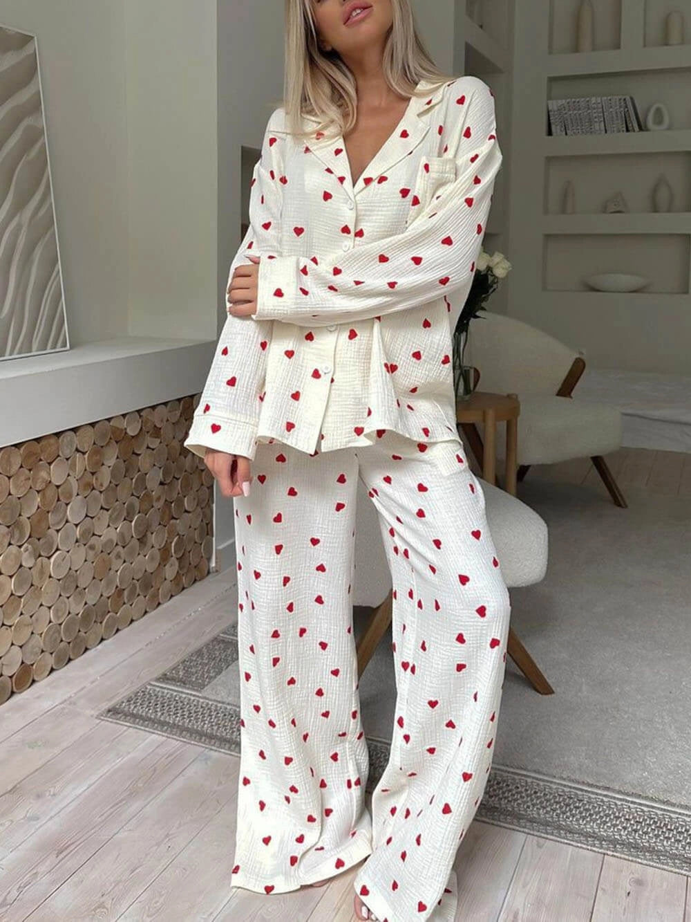 NOUVEAU RICHE Damen Pyjama-Set Herzprint – Langarm-Oberteil & Hose Weiß