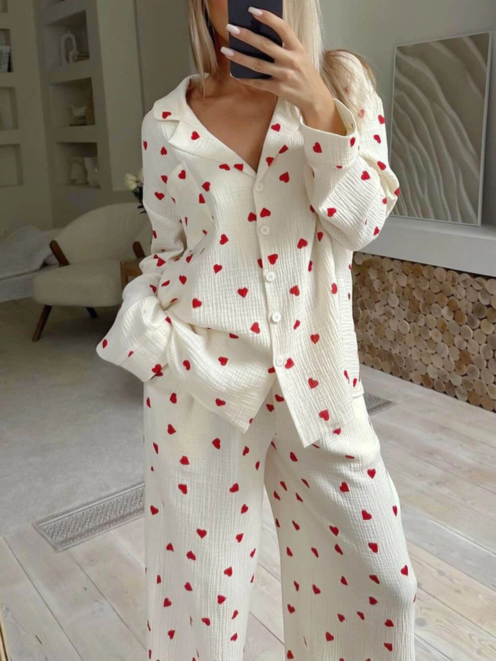 NOUVEAU RICHE Damen Pyjama-Set Herzprint – Langarm-Oberteil & Hose