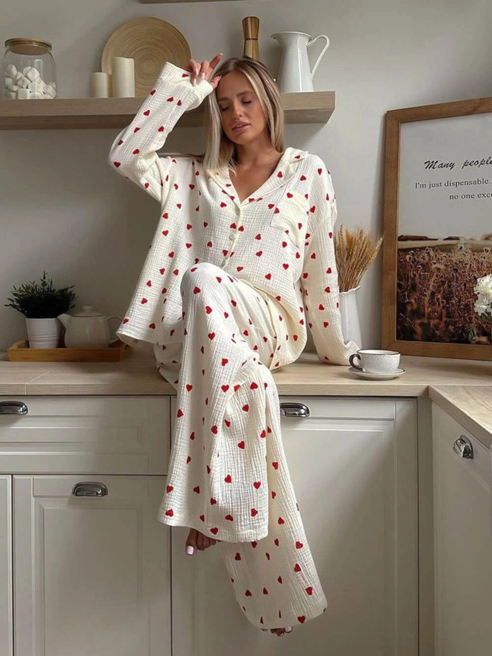 NOUVEAU RICHE Damen Pyjama-Set Herzprint – Langarm-Oberteil & Hose