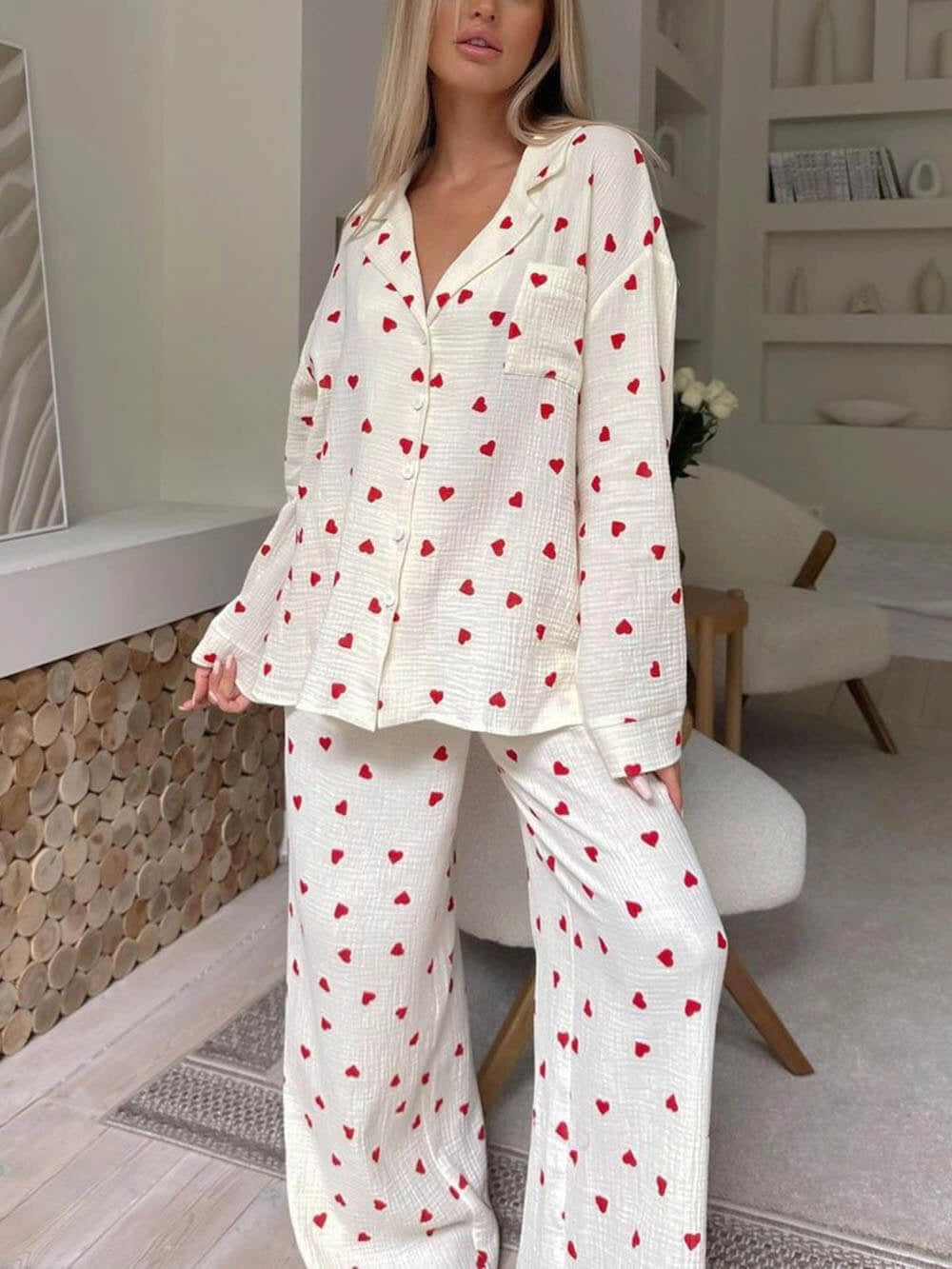 NOUVEAU RICHE Damen Pyjama-Set Herzprint – Langarm-Oberteil & Hose