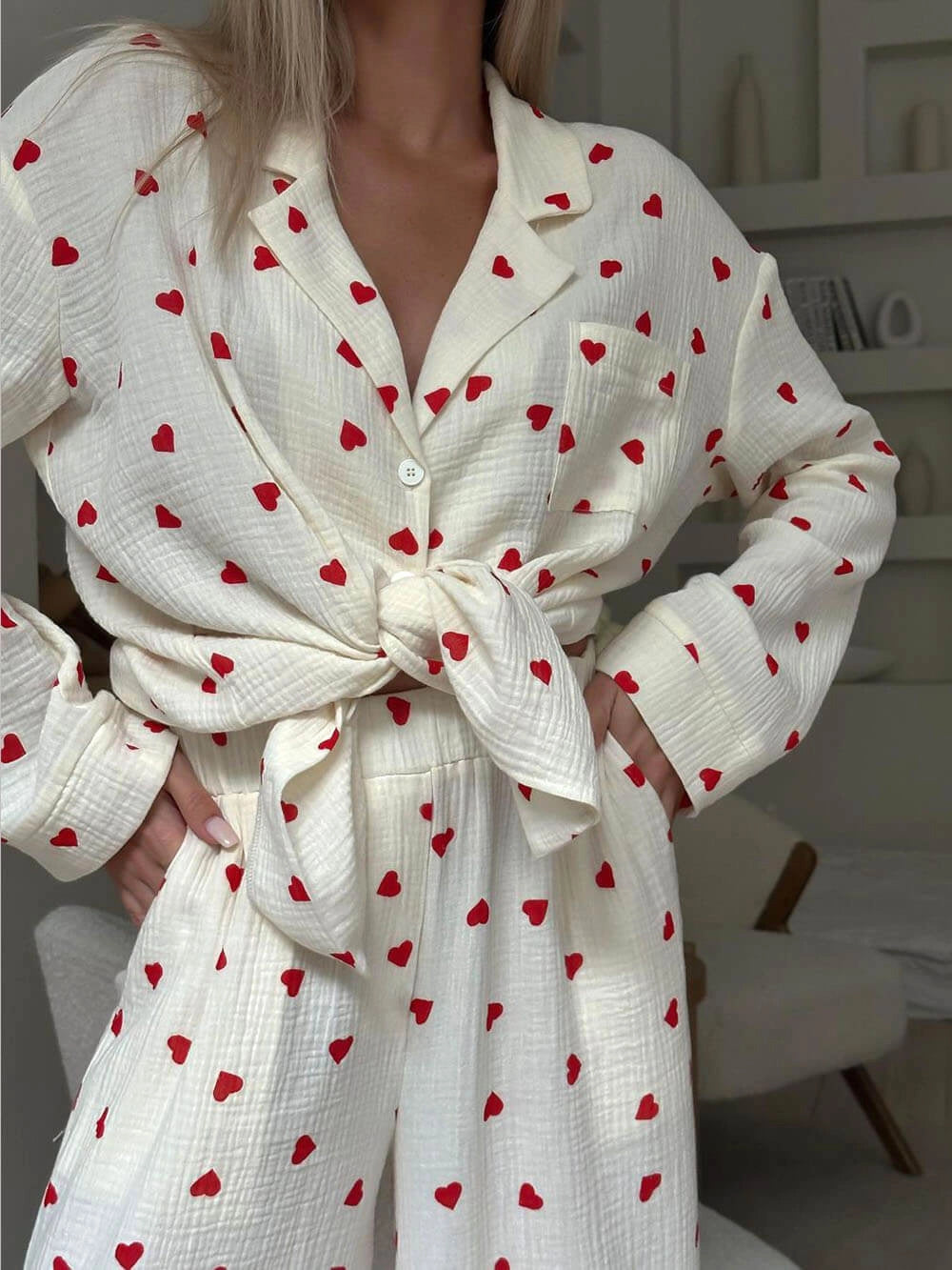 NOUVEAU RICHE Damen Pyjama-Set Herzprint – Langarm-Oberteil & Hose