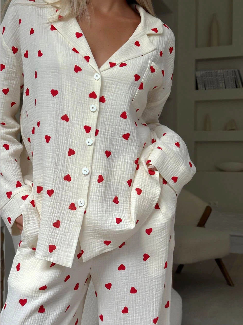 NOUVEAU RICHE Damen Pyjama-Set Herzprint – Langarm-Oberteil & Hose