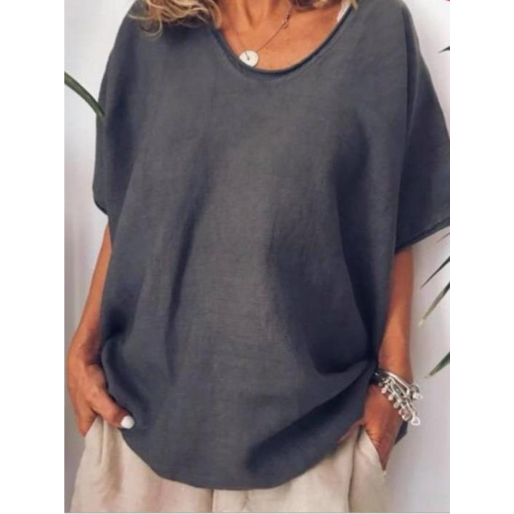 NOUVEAU RICHE Damen Rundhalsbluse Lockerer Schnitt Fließender Stoff Dunkelgrau