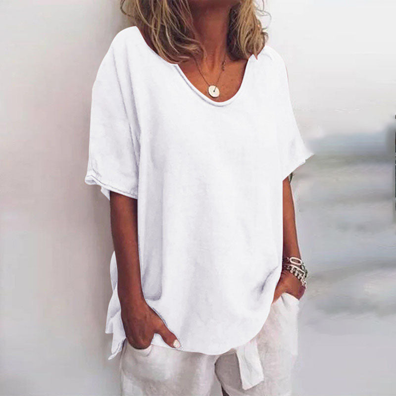 NOUVEAU RICHE Damen Rundhalsbluse Lockerer Schnitt Fließender Stoff Weiß