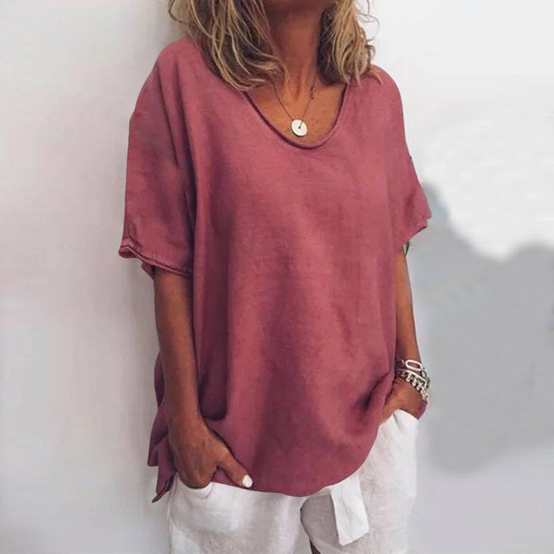 NOUVEAU RICHE Damen Rundhalsbluse Lockerer Schnitt Fließender Stoff Dunkelrosa