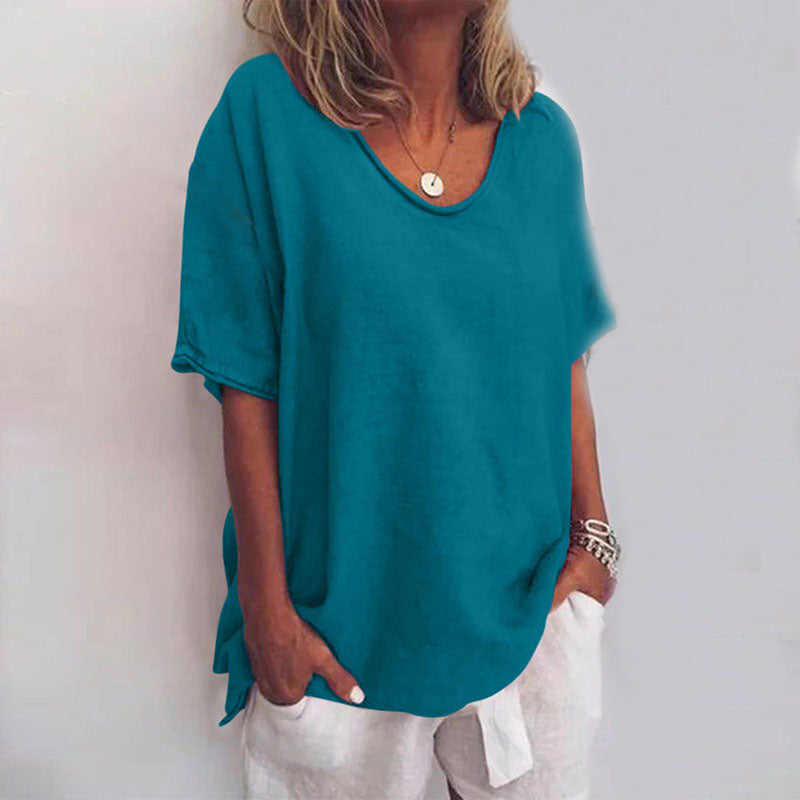 NOUVEAU RICHE Damen Rundhalsbluse Lockerer Schnitt Fließender Stoff Meeresblau