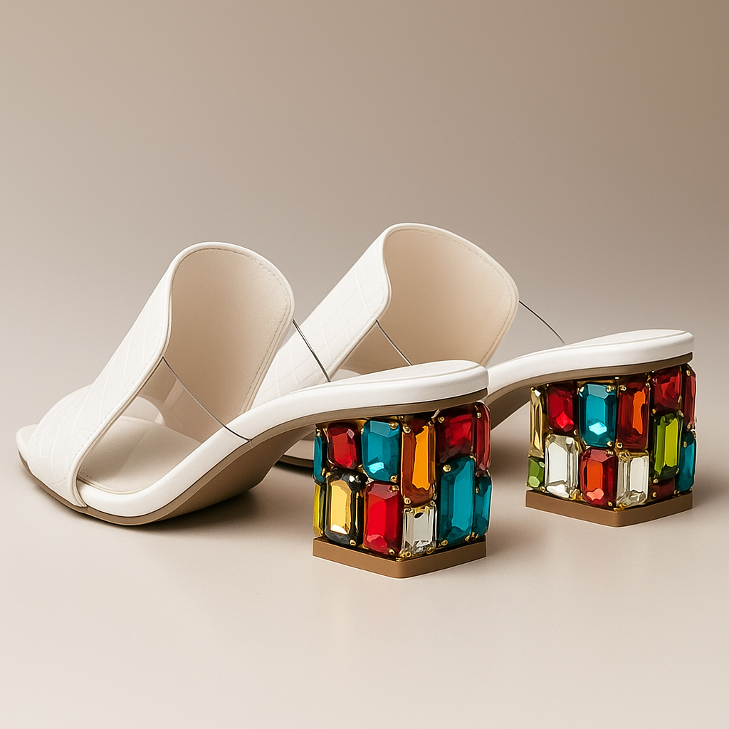 NOUVEAU RICHE Damen Blockabsatz-Sandalen – Krokoprägung & Schmuckdetail