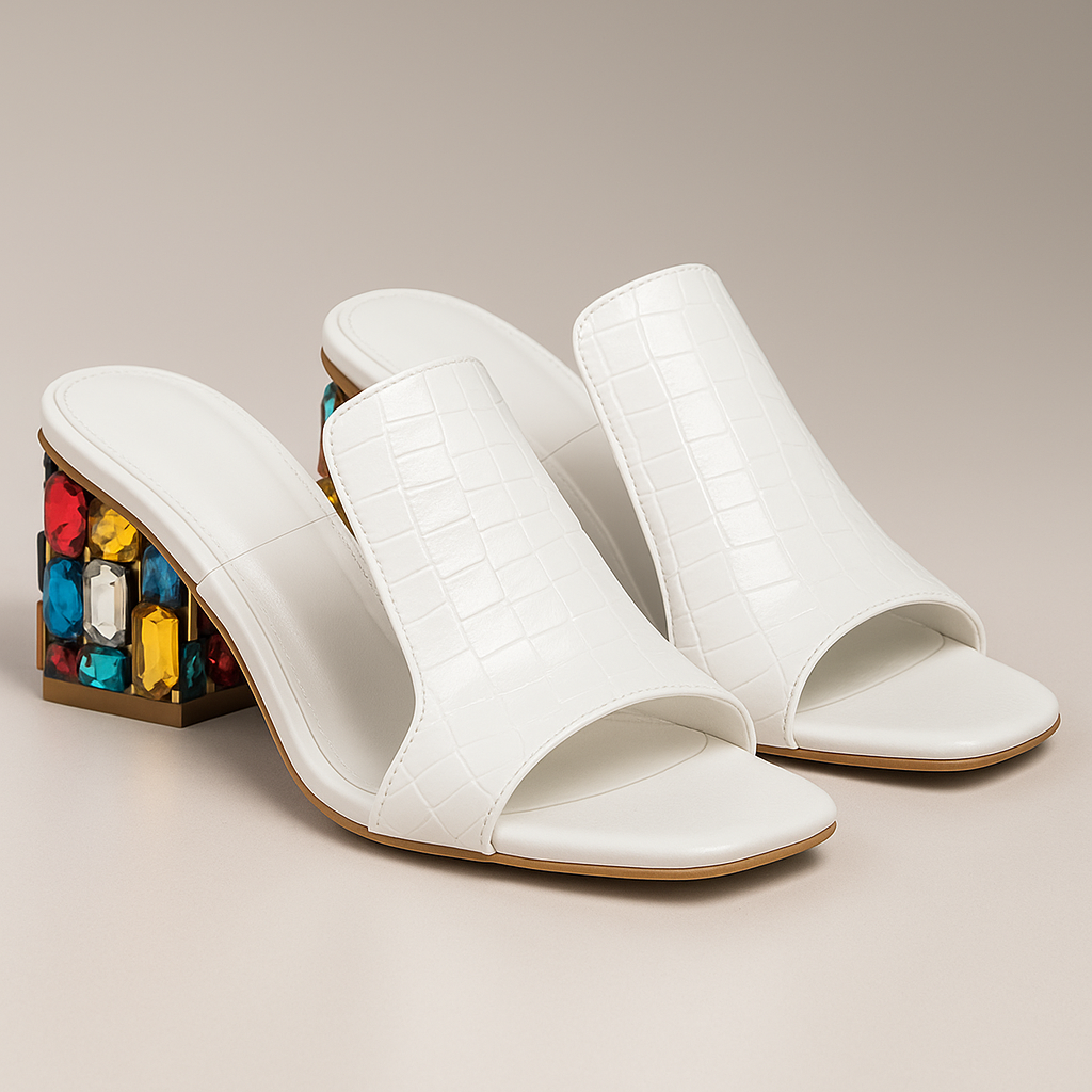 NOUVEAU RICHE Damen Blockabsatz-Sandalen – Krokoprägung & Schmuckdetail