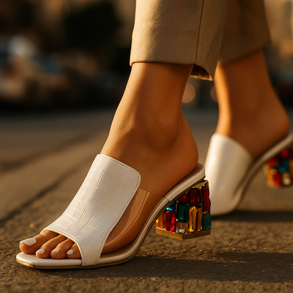 NOUVEAU RICHE Damen Blockabsatz-Sandalen – Krokoprägung & Schmuckdetail