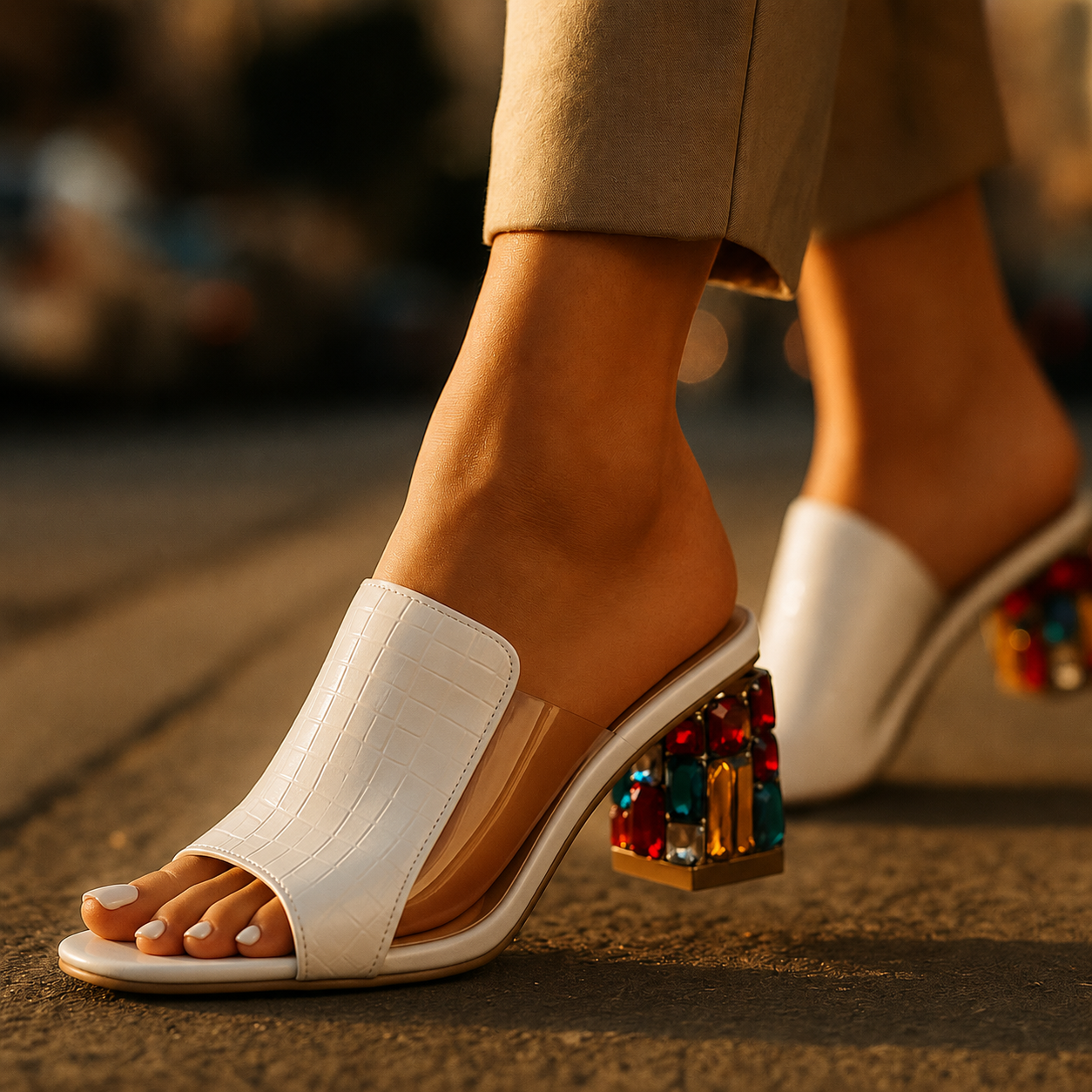 NOUVEAU RICHE Damen Blockabsatz-Sandalen – Krokoprägung & Schmuckdetail