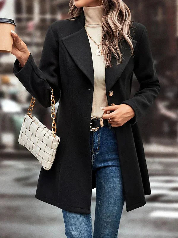 NOUVEAU RICHE Damen Schwarzer Mantel Mit Reverskragen Lang Klassisch Schwarz