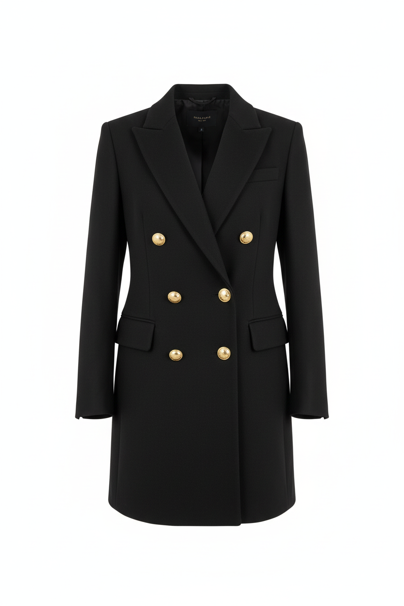 NOUVEAU RICHE Damen Schwarzer Mantel Mit Reverskragen Lang Klassisch