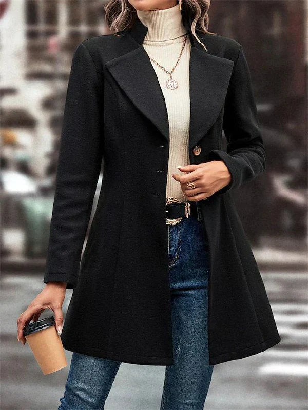 NOUVEAU RICHE Damen Schwarzer Mantel Mit Reverskragen Lang Klassisch