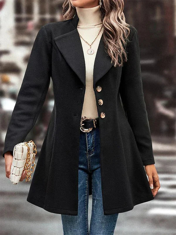 NOUVEAU RICHE Damen Schwarzer Mantel Mit Reverskragen Lang Klassisch