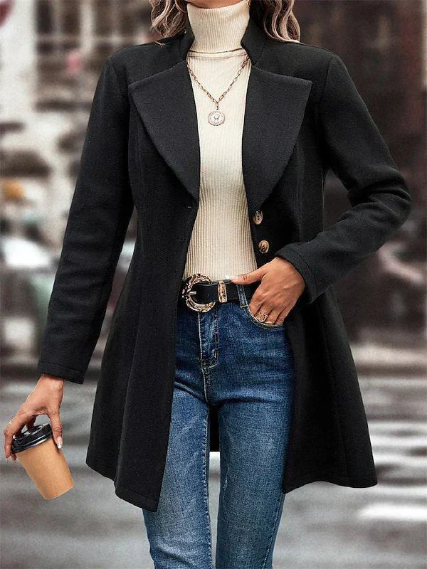 NOUVEAU RICHE Damen Schwarzer Mantel Mit Reverskragen Lang Klassisch