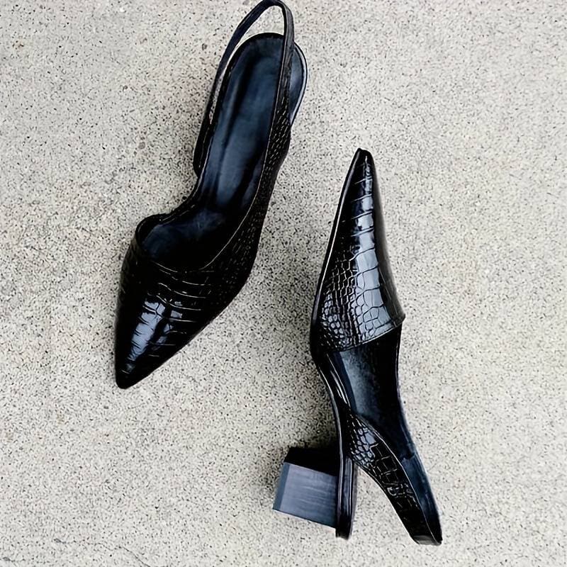 NOUVEAU RICHE Damen Slingback Pumps mit Krokodilprägung und spitzer Zehenpartie für elegante Looks mit mittlerem Blockabsatz und komfortabler Passform Schwarz