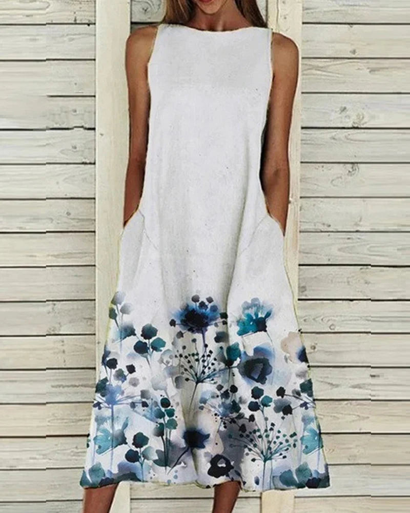 NOUVEAU RICHE Pamelo | Damen Midi-Sommerkleid – Frisches Blumenmuster, Romantischer Look & Sommerliche Leichtigkeit Blau