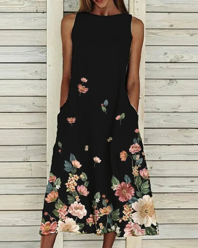 NOUVEAU RICHE Pamelo | Damen Midi-Sommerkleid – Frisches Blumenmuster, Romantischer Look & Sommerliche Leichtigkeit Schwarz