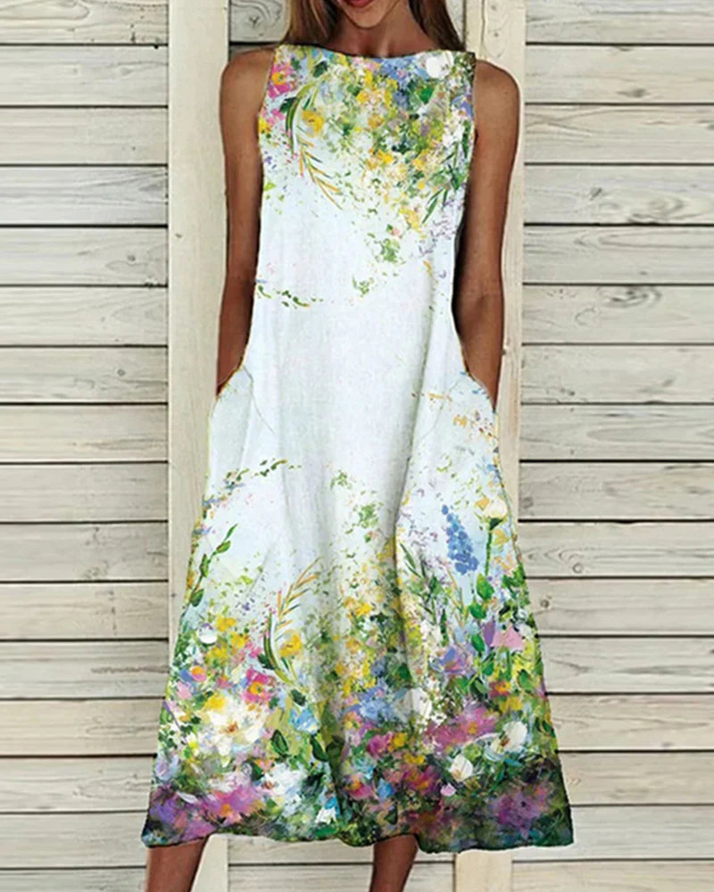 NOUVEAU RICHE Pamelo | Damen Midi-Sommerkleid – Frisches Blumenmuster, Romantischer Look & Sommerliche Leichtigkeit Gelb