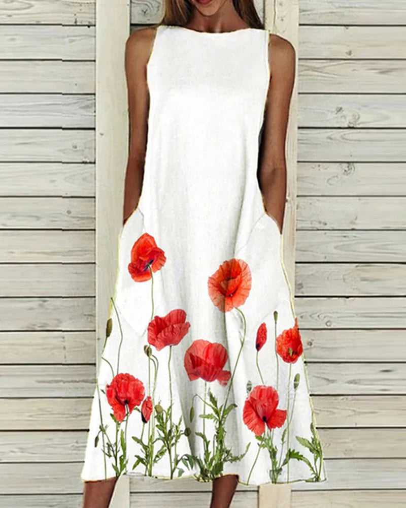 NOUVEAU RICHE Pamelo | Damen Midi-Sommerkleid – Frisches Blumenmuster, Romantischer Look & Sommerliche Leichtigkeit Rot