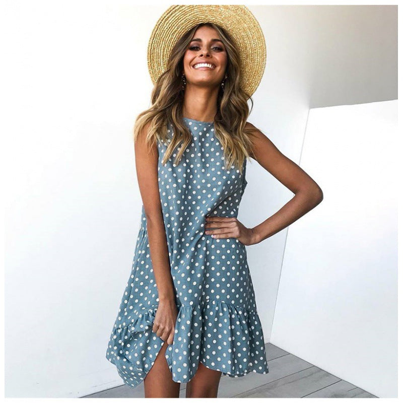 NOUVEAU RICHE Tasana | Damen Sommerliches A-Linien Kleid mit Rüschensaum und Punkten Blau
