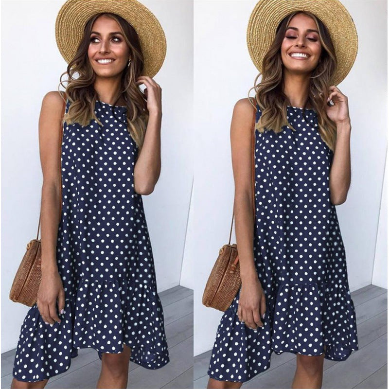 NOUVEAU RICHE Tasana | Damen Sommerliches A-Linien Kleid mit Rüschensaum und Punkten Dunkelblau