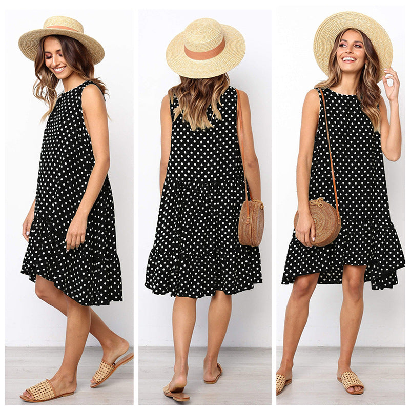 NOUVEAU RICHE Tasana | Damen Sommerliches A-Linien Kleid mit Rüschensaum und Punkten Schwarz
