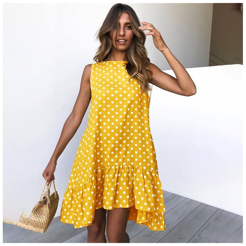 NOUVEAU RICHE Tasana | Damen Sommerliches A-Linien Kleid mit Rüschensaum und Punkten Gelb