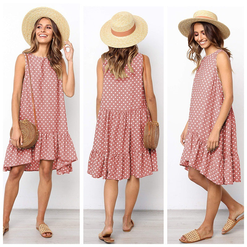 NOUVEAU RICHE Tasana | Damen Sommerliches A-Linien Kleid mit Rüschensaum und Punkten Rosa